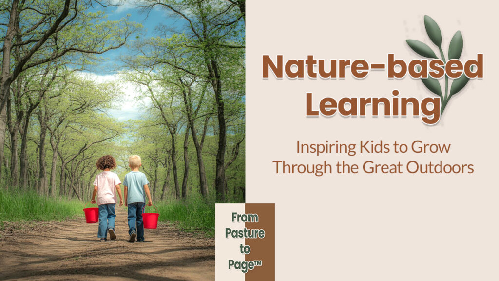 two children carrying buckets walking down a tree lined path depicting learning in nature