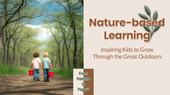 two children carrying buckets walking down a tree lined path depicting learning in nature