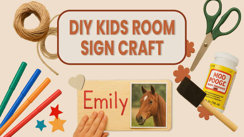 various craft supplies surrounding a sign that says DIY Kids Room Sign Craft