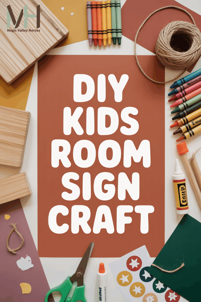 assorted craft supplies with large text overlay that says DIY Kids Room Sign Craft