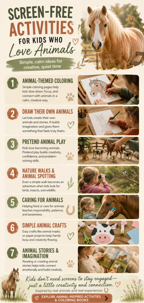 Infographic showing seven screen-free activities for kids who love animals