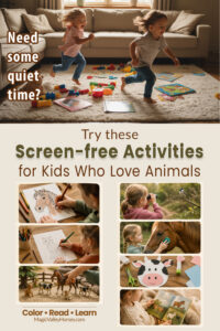 an image of a chaotic scene of two kids then seven quiet images of screen-free activities for kids who love animals