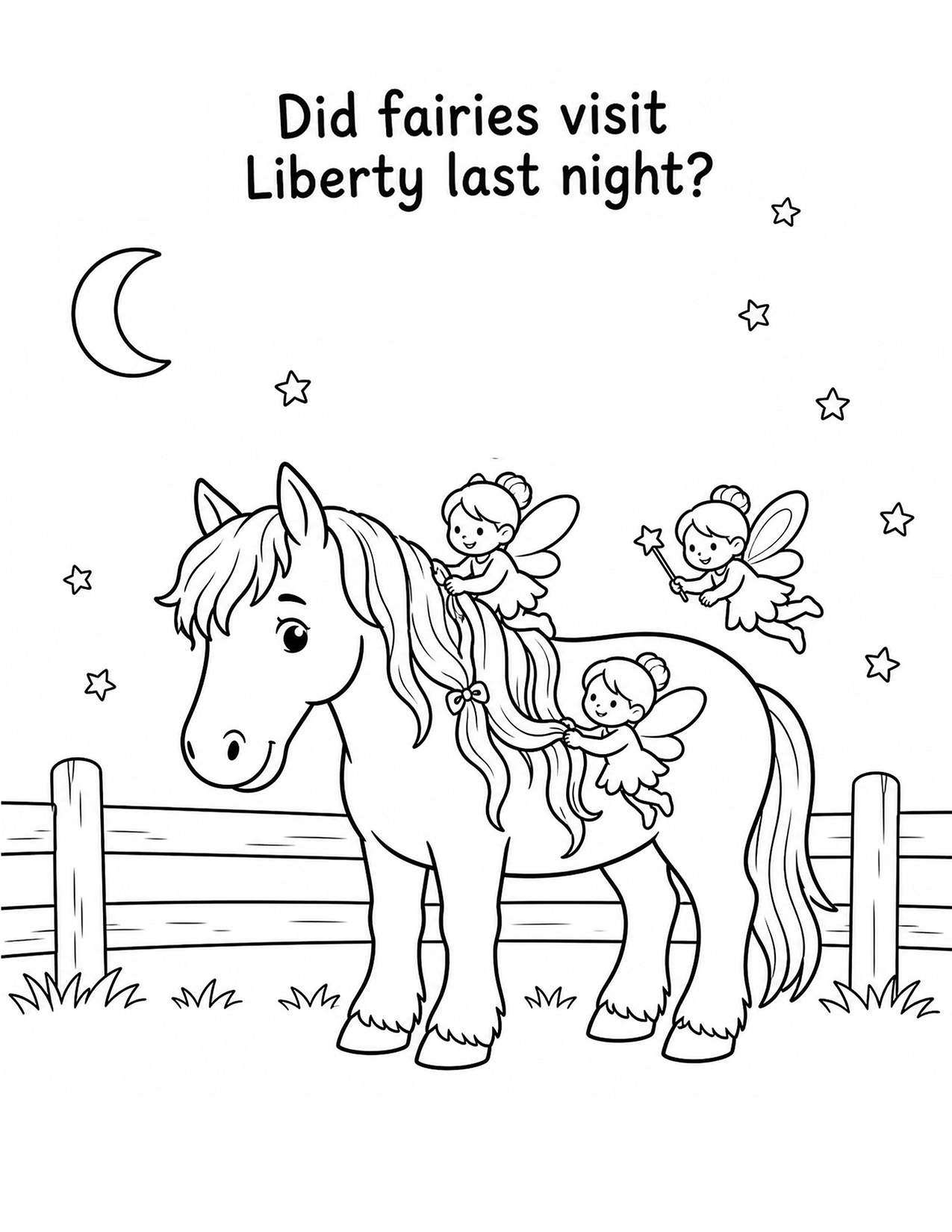 Simple horse and fairy coloring page for kids