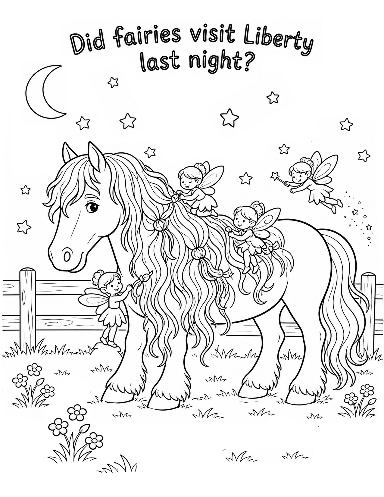 Horse coloring page with fairies braiding a tangled mane