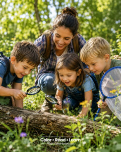 a mom and three children looking down at a log bug hunting