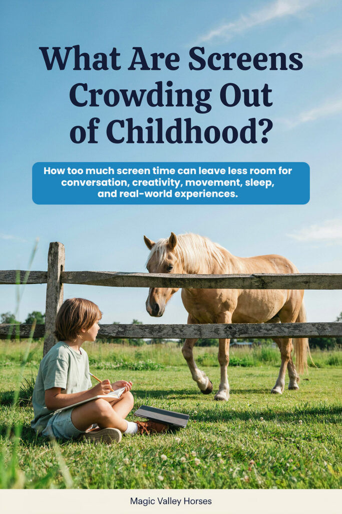 a young bou sitting outside a fence with a sketchpad illustrating the idea that screens are crowding out time for kids to get outside